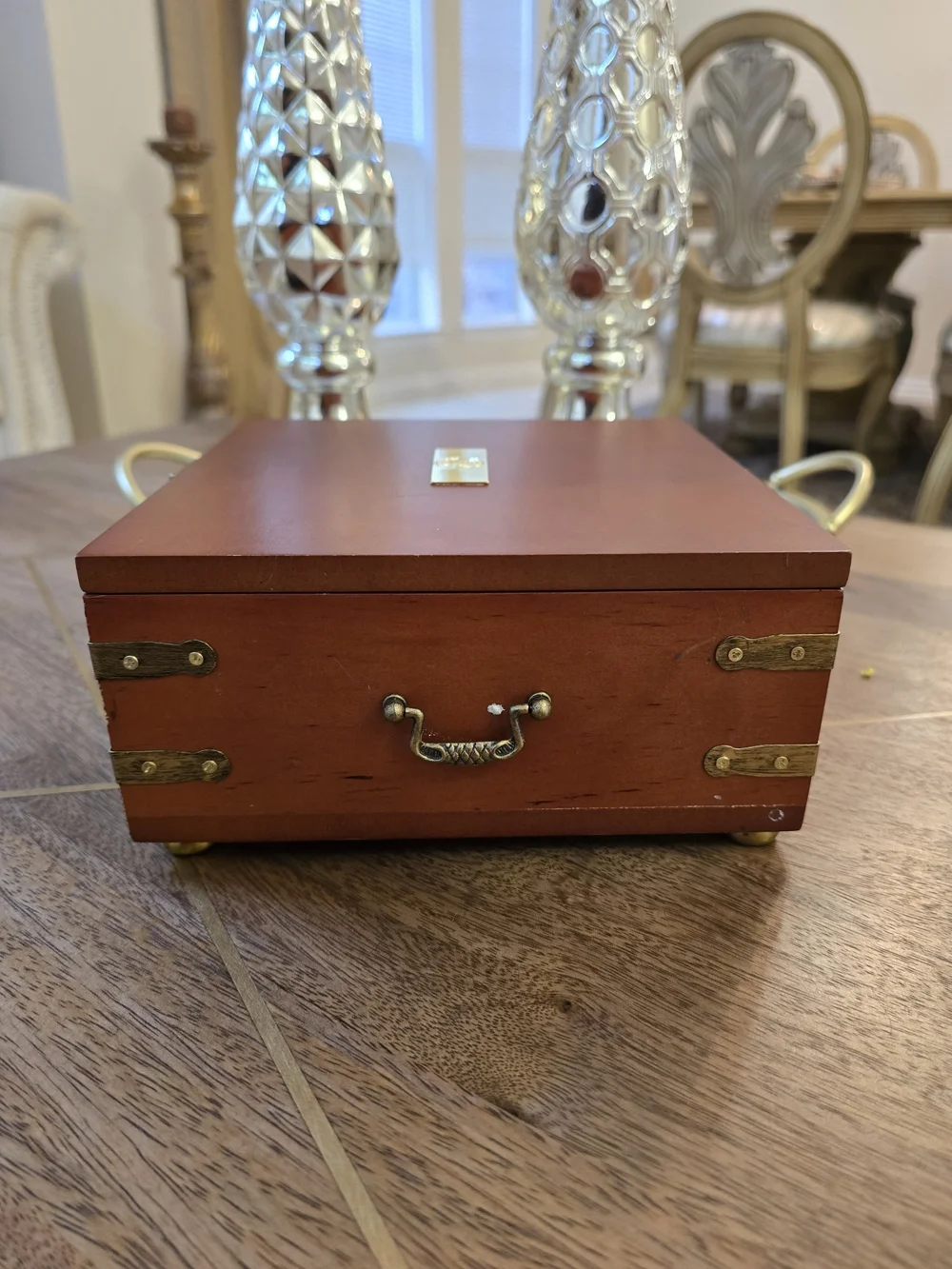 Bulova Wooden Box Wall Clock in Brown with Brass Accents